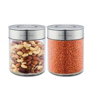 Airtight Storage Jars with Cap Click Mechanism Set of 2 (Glass / Steel) - Silberthal