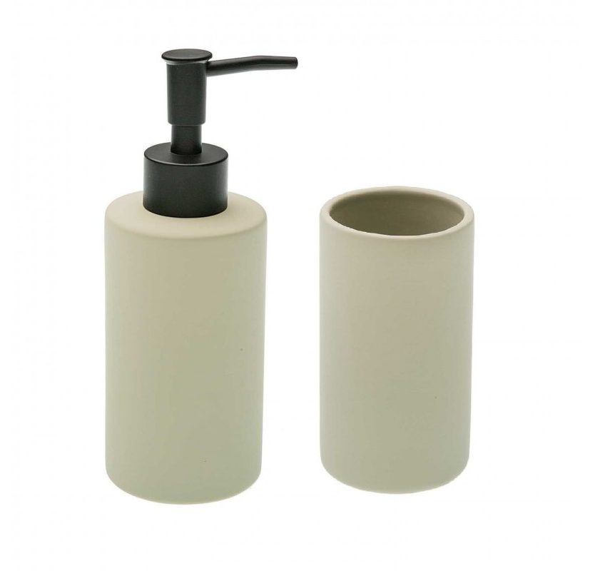Ceramic Soap Dispenser & Tumbler Set (Beige)